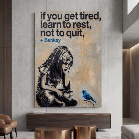 Banksy Girl and Blue Bird Canvas Art, Modern Street Art Wall Decor, Minimalist Graffiti Print, Hopeful Nature Wall Art, Ready to Hang Canvas