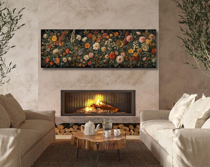 Moody Floral Panorama Canvas Art, Wildflower Botanical Wall Decor, Garden Print Ready to Hang