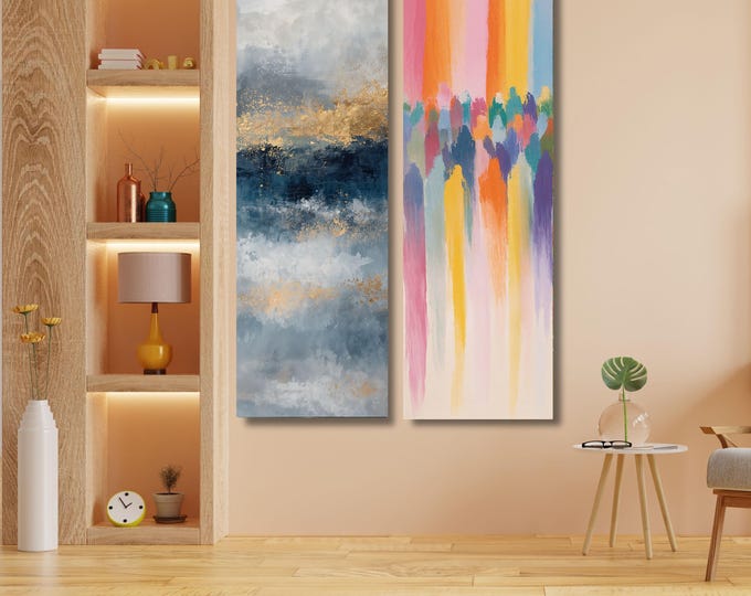 Set of 2 Panoramic Blue Gold Abstract Canvas Wall Art, Large Framed Print,Oversized Minimal Modern Painting, Luxury Home Decor Wall Hangings