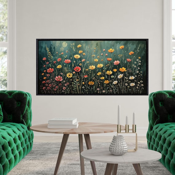 Wildflower Field Canvas Wall Art, Vintage Botanical Landscape Print, Floral Farmhouse Decor, Rustic Flower Field Wall Hangings Farmhouse