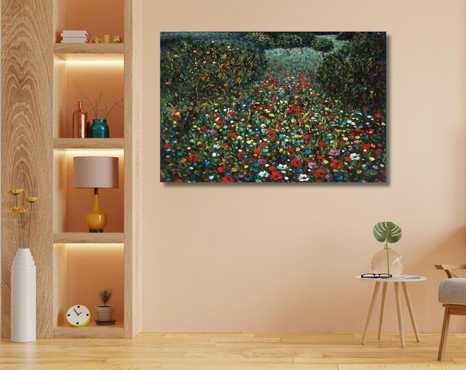 Poppy Fields by Gustav Klimt Canvas Wall Art, Framed Wildflower Landscape Print, Vintage Green Nature Decor, Classic Art Gift for Home ART