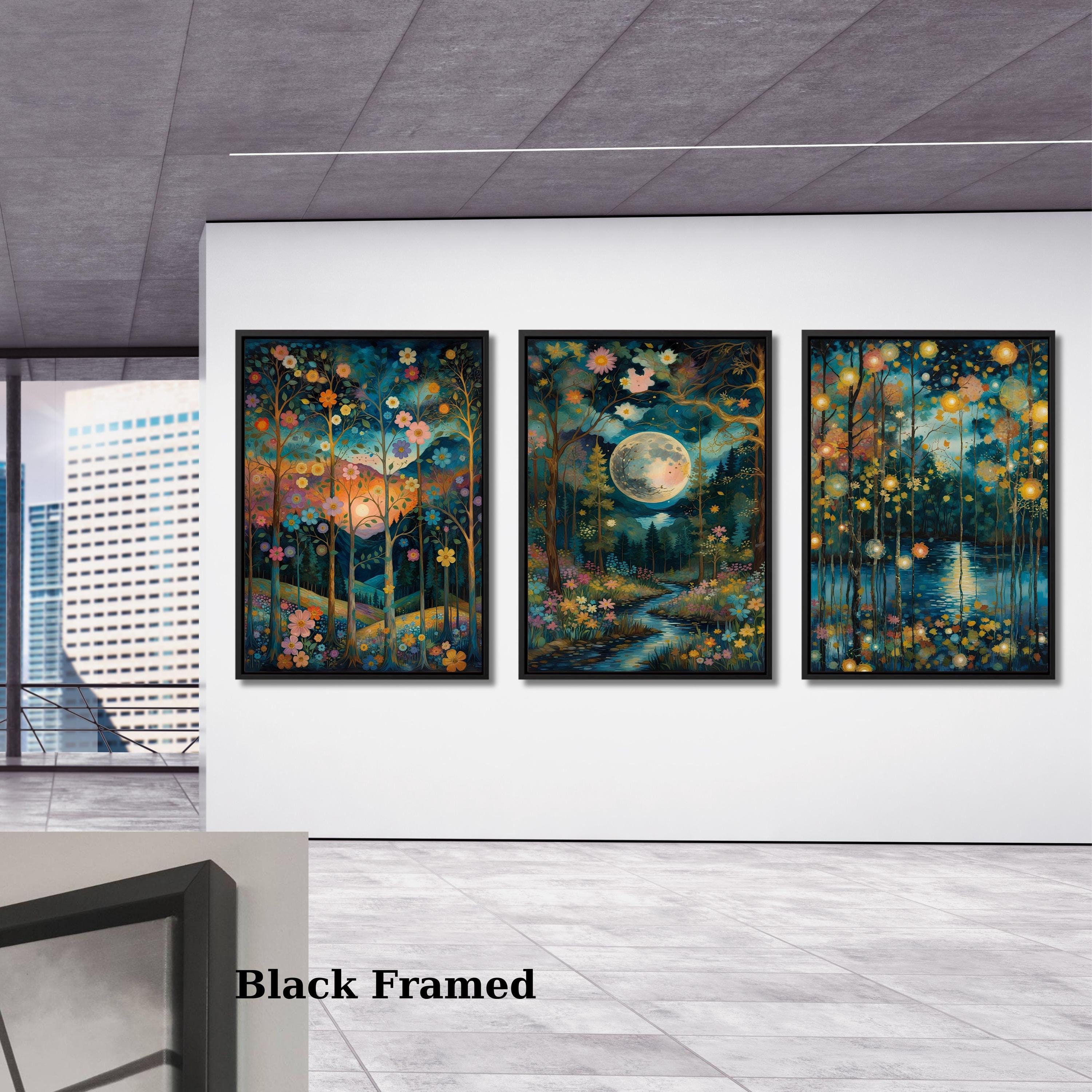 Set of 3 Gustav Klimt Night Canvas Wall Art Klimt style Klimt Moon Stars Canvas Wall Art Modern Living Room Gold Flowers Night Sky wall art