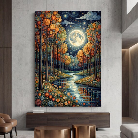 Moonlit Forest Canvas Art, Vintage Pine Tree Painting