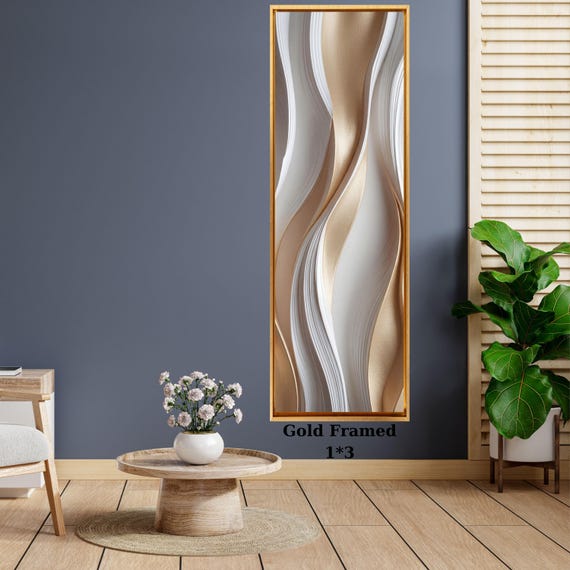 Long Vertical Beige Abstract Wall Art, Wave Canvas Print, Modern Minimalist Narrow Decor