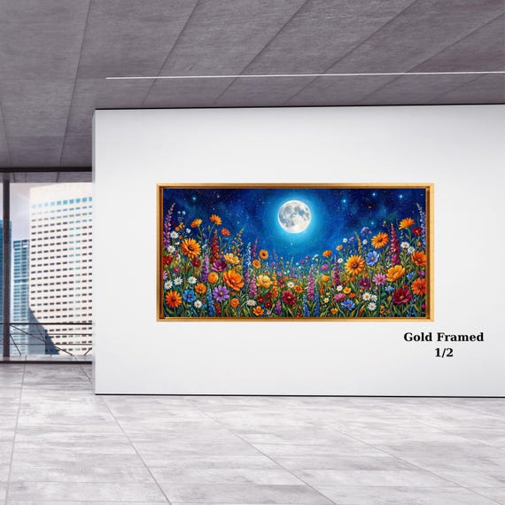 Forest Wildflowers Canvas Wall Art, Moonlit Pine Tree Forest Wall Art, Rustic Forest Painting, Full Moon Wall Art Painting Vintage Forest
