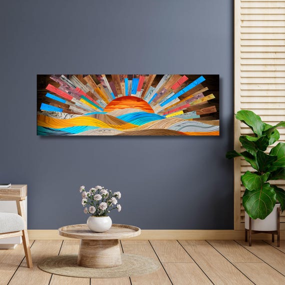 Sunrise Wood Look Canvas Wall Art Rustic Above Bed Decor Sunlight Print for Bedroom or Office – Natural Gift Idea for Home Lovers Print gift