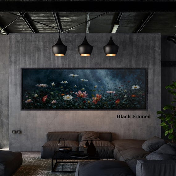 Night Moody Wild Flowers Canvas, Framed Canvas Print, Above Bed Art, Dark Floral Paintingt,Boho Minimal Panoramic Thought Provoking Wall Art