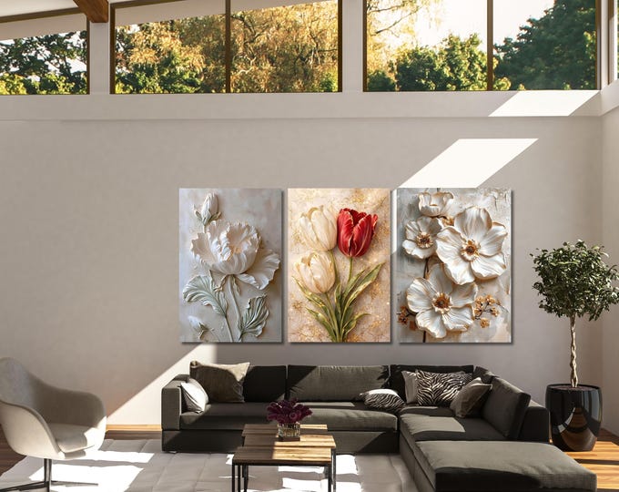 3D Textured Floral Triptych Wall Art: Red White Tulips Living Room Decor