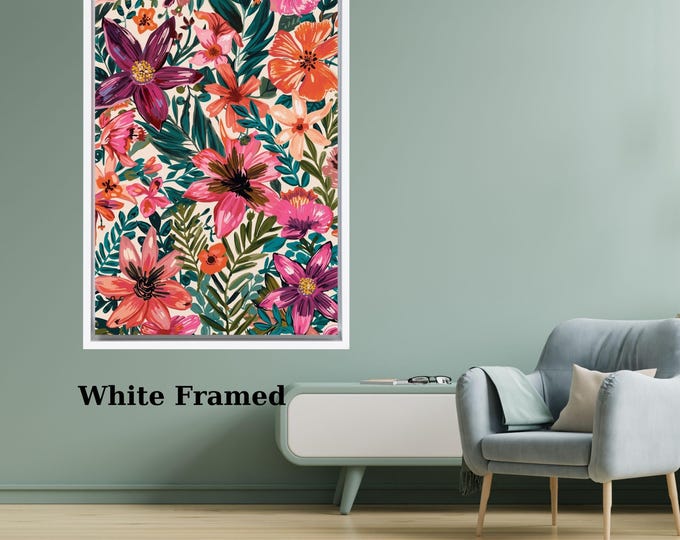 Modern Floral Pattern Canvas Print, Botanical Boho Wall Decor, Colorful Wildflower Illustration Art