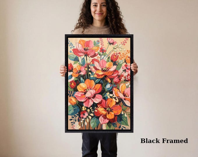 Vibrant Pink Floral Canvas Art, Impasto Style Abstract Bouquet, Colorful Modern Flower Wall Decor