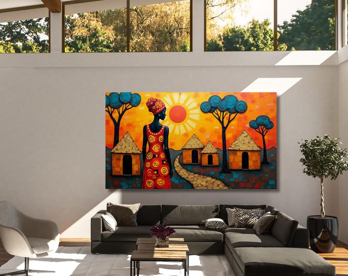 African Village Scene Canvas Wall Art – Traditional Cultural Ethnic Afrocentric Decor