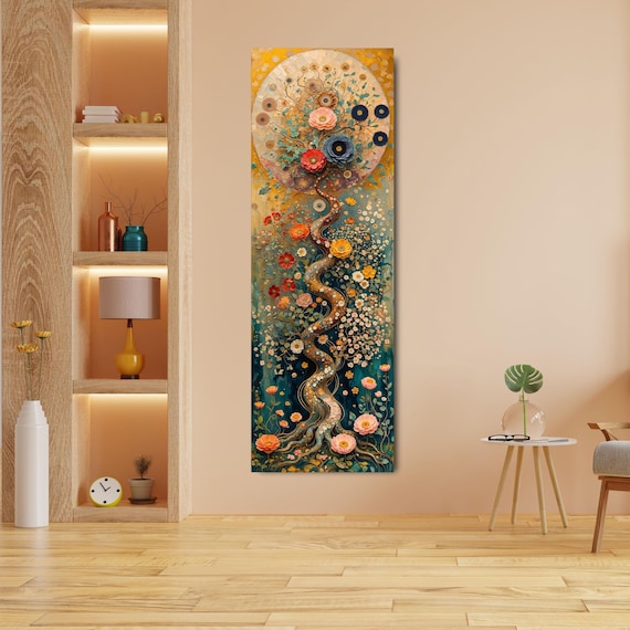 Vertical Canvas Print, Modern Floral Tree Art, Hallway Decor