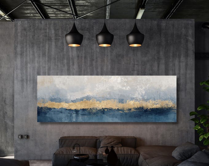 Blue Gold Abstract Canvas Wall Art, Large Horizontal Framed Print, Oversized Minimal Modern Painting, Luxury Home Decor Wall Hangings art