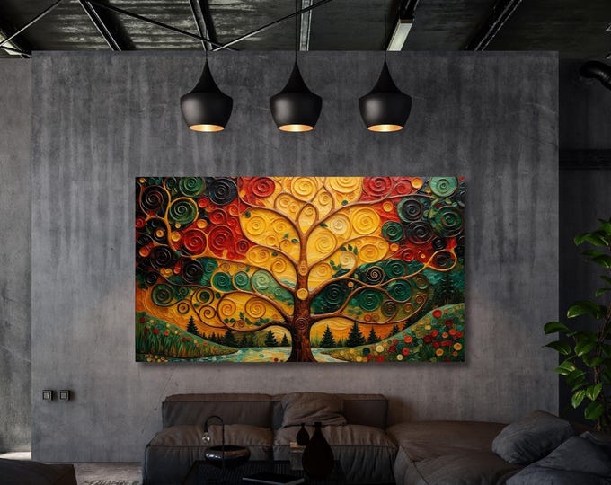 Tree of Life Gustav Klimt Inspired Canvas Wall Art, Vibrant Swirls Ready to Hang