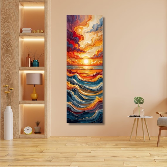 Panoramic Sunset Ocean wave Canvas Wall Art,Framed Canvas Japanese Style Mid Century Exhibition Long Narrow Print,Large Modern Living Room