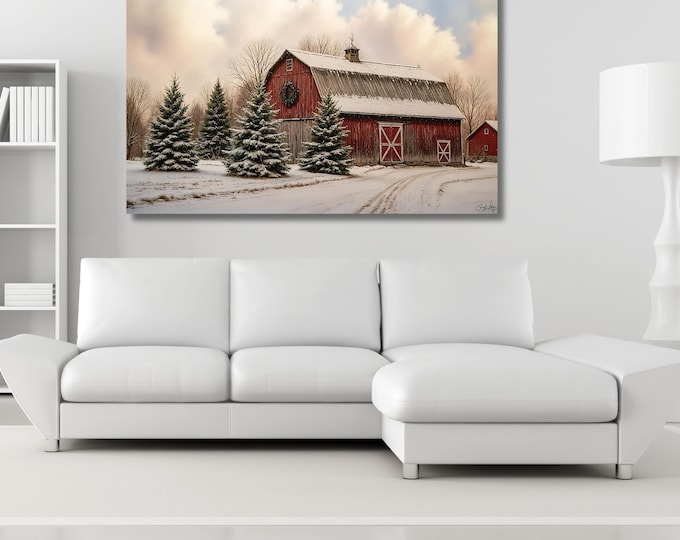 Winter Barn, Vintage Farmhouse Print | Cotton Canvas | Snowy Rural Landscape, Multiple Sizes