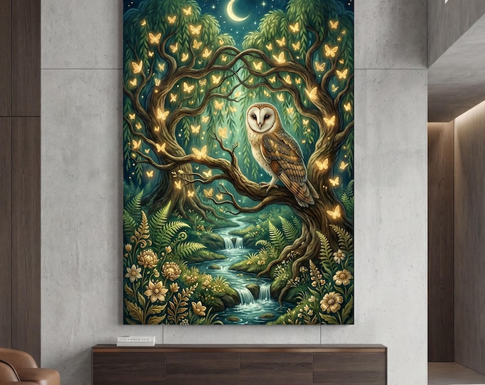 Moody Dark Forest Wall Art, Magical Nature Canvas Print, Forest Spirit Owl Portrait, Emerald Green and Gold Home Decor, Large Vertical Art