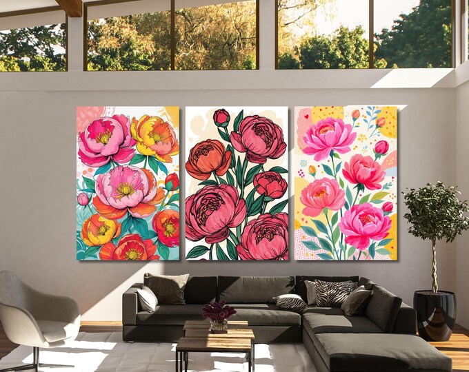 Peony Canvas Print Set, Quirky Floral Gallery Wall Art