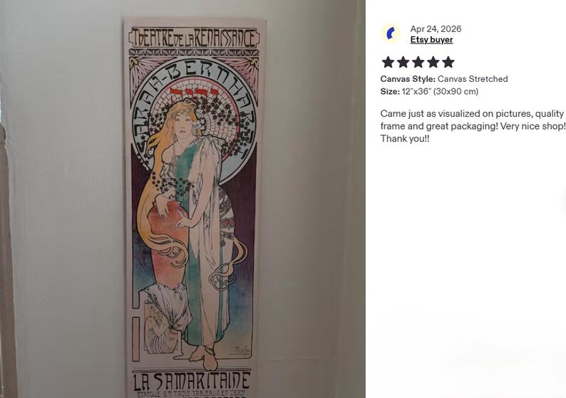 The image is a framed artwork titled "La Samirite à la l'arcole" by the artist Frédéric Auguste Renoir. The artwork is a painting of a woman with a large headdress, and it is displayed on a wall. The image also includes a review from eBay stating that the painting is a "Great product" and has been "rated 5 stars".