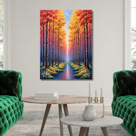 Sunset Mountain Landscape Wildflower Canvas, Flower Garden Flower Market canvas, Moonlit Pine Tree Forest wall Art Rustic Sun Art Klimt Gift