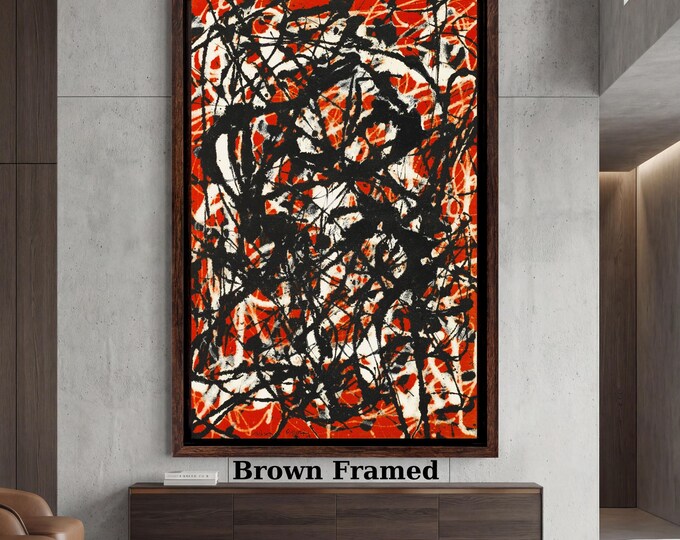 Jackson Pollock Red Abstract Canvas, Large Action Painting Mural, Modern Style Expressionist Drip Art, Bold Red and Black Wall Art