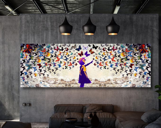 Banksy Graffiti Canvas Art, Colorful Butterfly Girl, Trendy Wall Decor