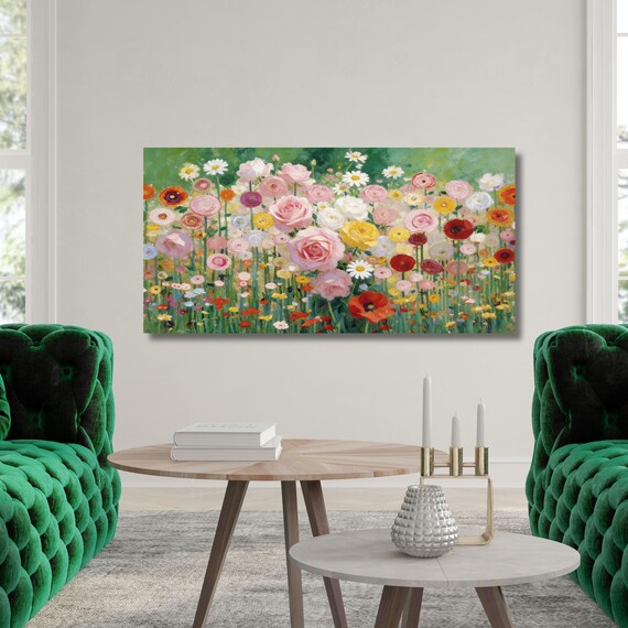 Gustav Klimt Inspired Flower Garden Canvas Wall Art, Panoramic Wildflower Meadow Painting, Floral Impressionist Decor, Large Horizontal Art