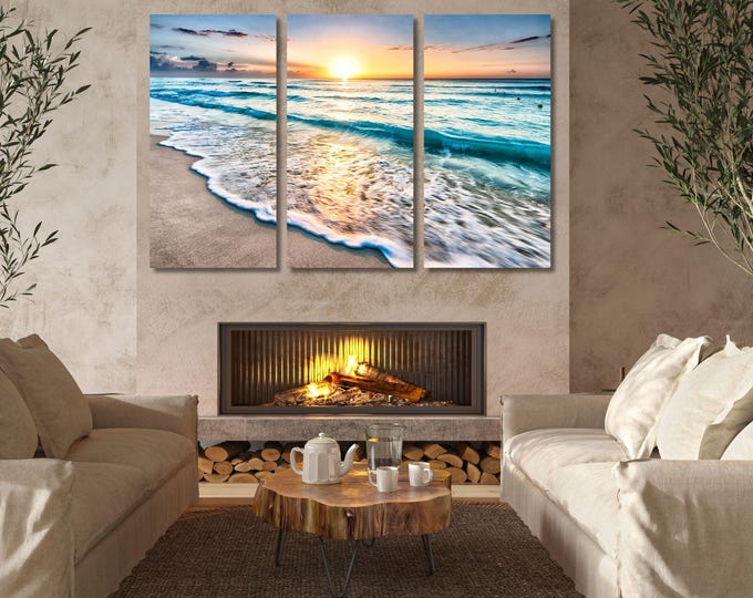 Set of 3 Beach Sunset Canvas Art, Ocean Landscape Print, Coastal Decor (Digital Download)