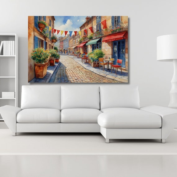 Cobblestone street whimsical watercolor painting colorful houses wall art decor design Canvas Wall Art  Exhibition Painting, Flower Garden