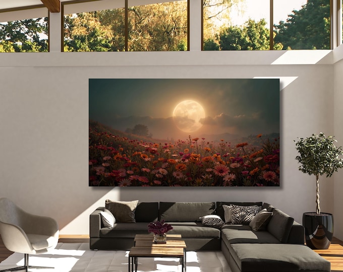 Full Moon Wildflower Field Canvas Print: Rustic Mountain Art