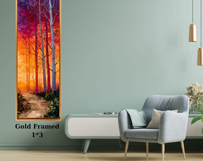 Tall Vertical Birch Tree Canvas Art, Modern Forest Wall Decor, hallway Art