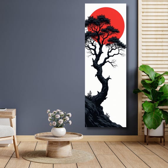 Japanese Maple Tree Sunset Canvas Art: Retro Japanese Print