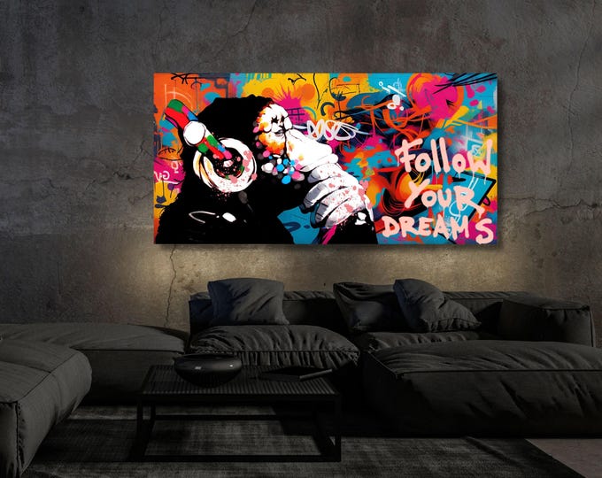 Graffiti DJ Monkey Canvas Wall Art: "Follow Your Dreams" Print