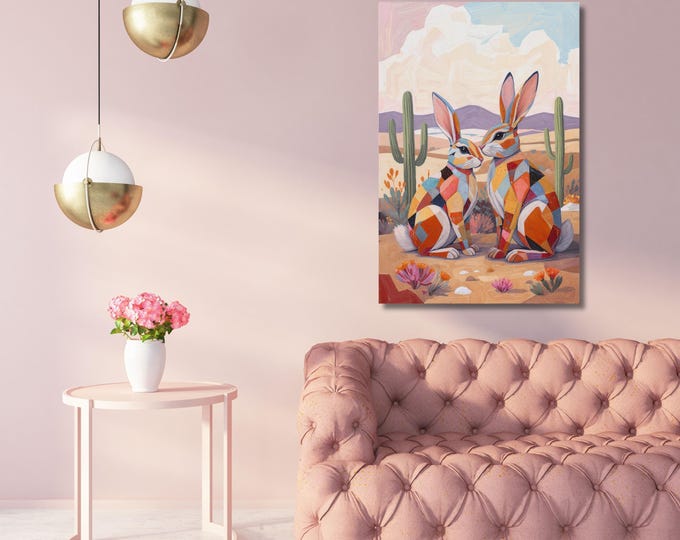 Talavera Jackrabbits Desert Canvas Print Farmhouse Wall Art Eclectic Boho Decor Retro Texas Nature Artwork Vintage Animal Wall Accent Art