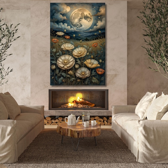 Full Moon Wildflower Canvas, Flower Garden Flower Market canvas, Moonlit Pine Tree Forest wall Art, Rustic Mountain Art, Woodland Klimt Gift