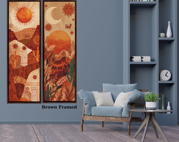 Set of 2 Long Narrow Klimt Inspired Botanical Landscape, Horizontal Boho Sun Moon Star Canvas Wall Art – Mystical Celestial Bohemian Decor