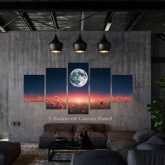 5 Piece Moonlit Wildflower Field Canvas Art, Bohemian Pink Flowers Under Full Moon, Multi Panel Framed Ready to Hang Set, Dreamy Boho Decor