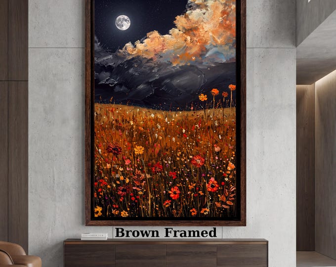 Wildflowers Field Canvas Wall Art, Abstract Night Sky Moon Decor, Vintage Floral Art, Rustic Farmhouse Living Room Canvas art