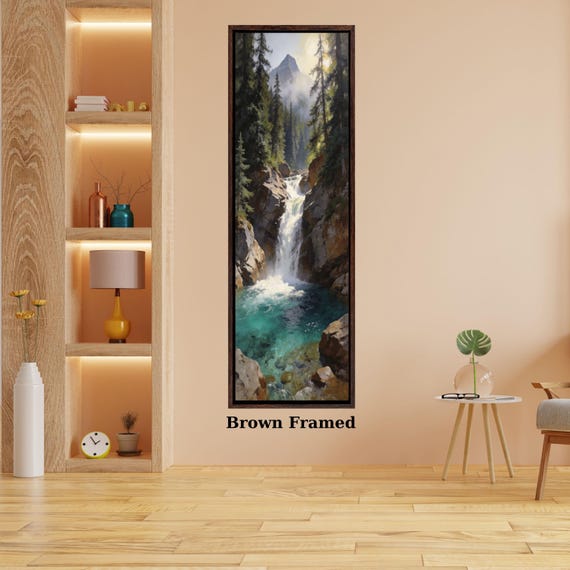 Klimt Style Long Canvas Wall Art, Vertical Waterfall Landscape Painting, Impressionist Forest and Mountain Decor, Tall Narrow Canvas Print
