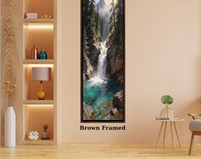 Klimt Style Long Canvas Wall Art, Vertical Waterfall Landscape Painting, Impressionist Forest and Mountain Decor, Tall Narrow Canvas Print