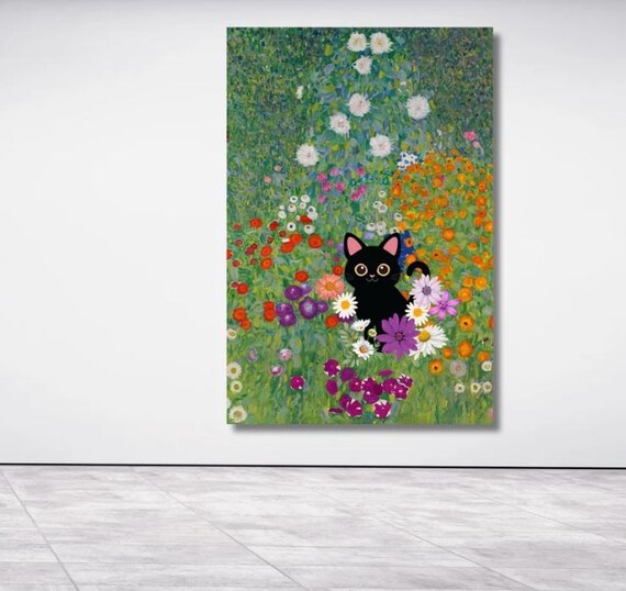 Klimt Black Cat In A Garden Canvas Wall Art cat garden Ready To Hang Canvas Wall Art,Gustav Klimt Canvas Print Flower Garden Flower Market