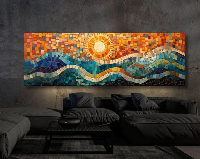 Panoramic Mosaic Sea Sun Canvas Art, Abstract Waves Beach Wall Art
