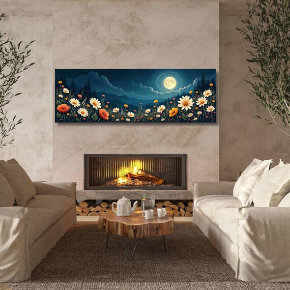 Full Moon Wildflower Canvas, Flower Garden Flower Market canvas, Moonlit Pine Tree Forest wall Art, Rustic Mountain Art, Woodland Klimt Gift