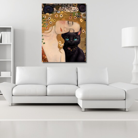 Gustav Klimt Inspired Mother and Cat Canvas – Whimsical Art Nouveau Style Wall Art – Cozy Decorative Print for Home or Nursery poster canvas