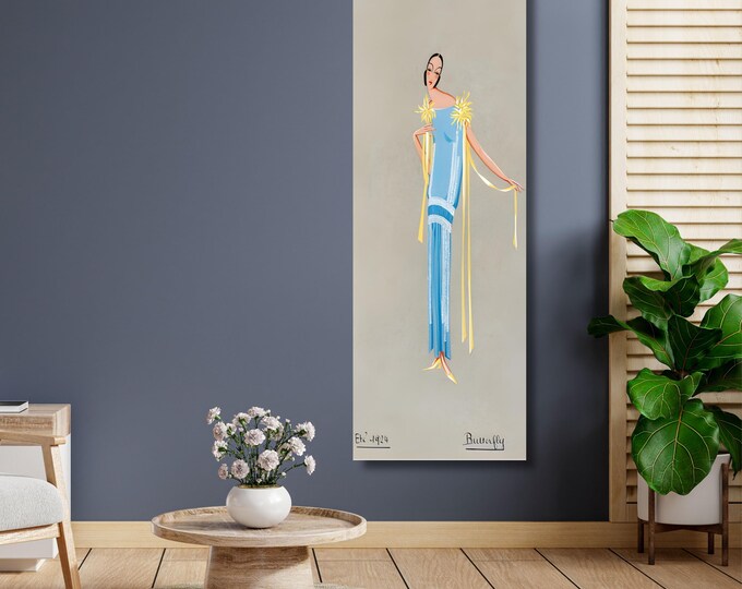 Art Deco Fashion Canvas Art, Blue Flapper Dress Illustration, 1920s Vintage French Style Wall Decor, Narrow Vertical Retro Poster