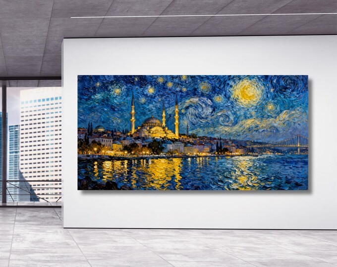 Istanbul in the Style of Van Gogh – Starry Night Inspired Canvas Wall Art Ready to Hang/ poster City Night Wall Art