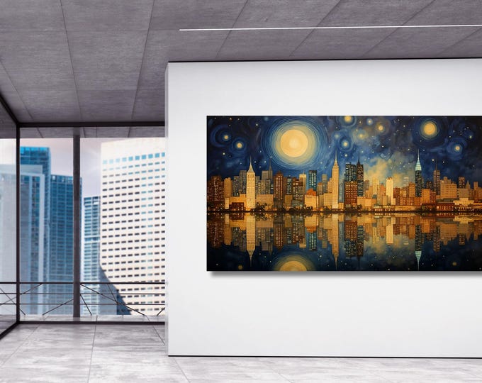 Gustav Klimt Style Cityscape Canvas Art, Starry Night Inspired Wall Decor