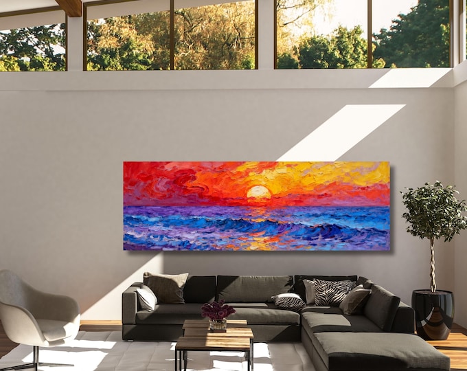 Panoramic Sunset Ocean wave Canvas Wall Art,Framed Canvas Japanese Style Mid Century Exhibition Long Narrow Print,Large Modern Living Room