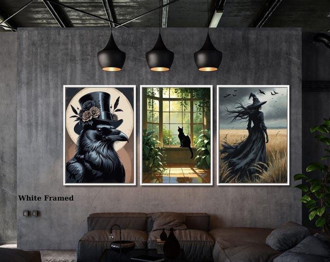 Gothic Halloween Canvas Art, Black Bird, Witch, Cats Print