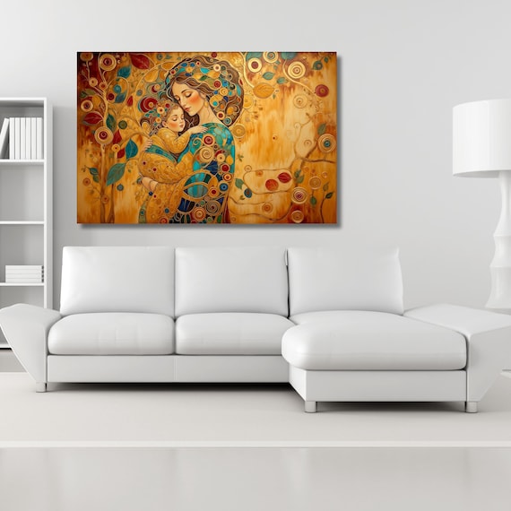 Gustav Klimt Mother and Child Canvas Print, Floral Art Reproduction